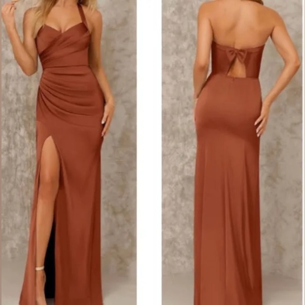 Azazie x KENDALL + KYLIE Pleated Stretch Satin Mermaid Dress Bronze Copper